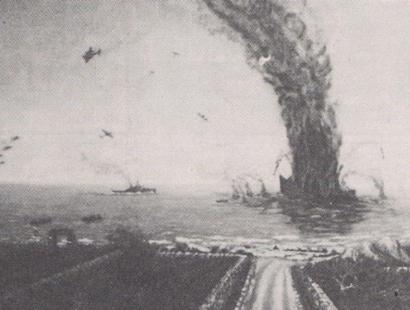 Torre Vado, l'esplosione della nave San Andrea, nel dipinto di Renzo Morciano.