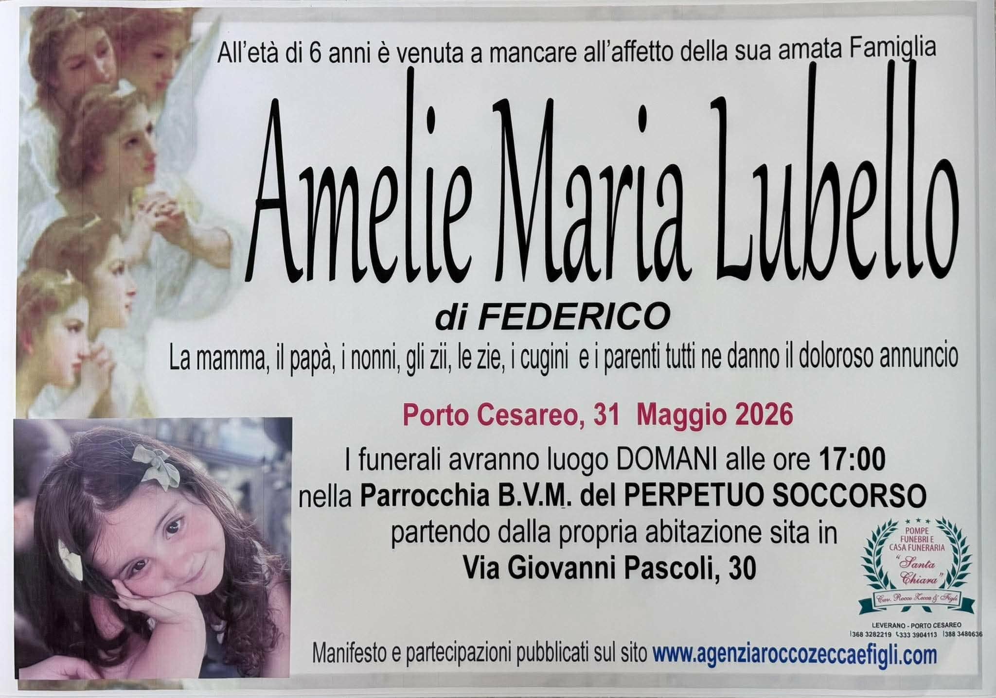 Amelie Lubello è volata tra gli angeli: la piccola cesarina aveva solo 6 anni